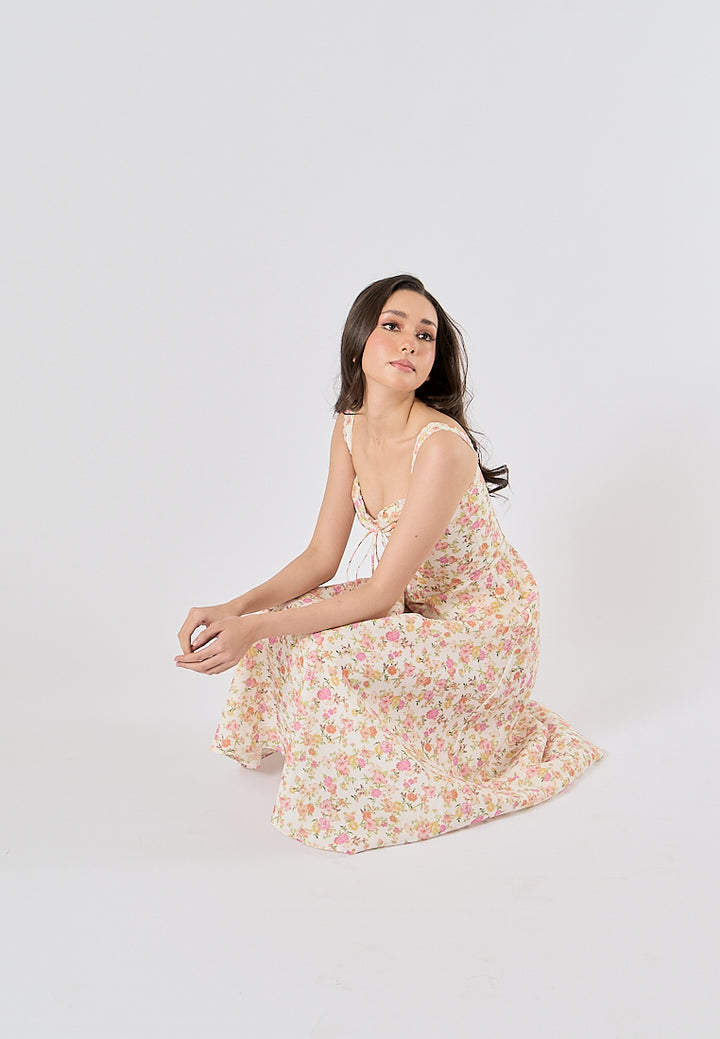 Nigella Multi Color Floral Print Front Lace up Midi Dress