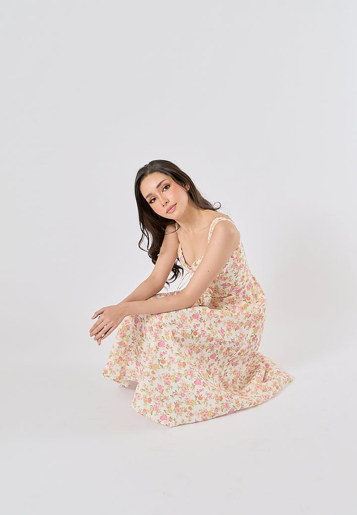 Nigella Multi Color Floral Print Front Lace up Midi Dress