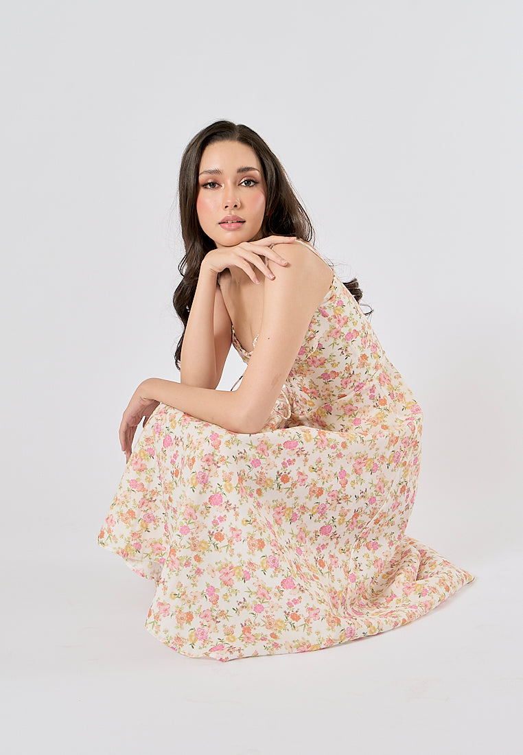 Nigella Multi Color Floral Print Front Lace up Midi Dress