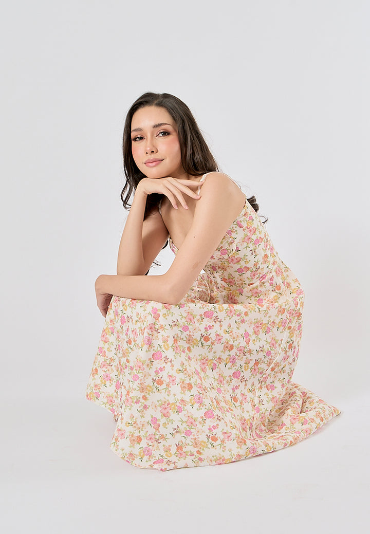 Nigella Multi Color Floral Print Front Lace up Midi Dress
