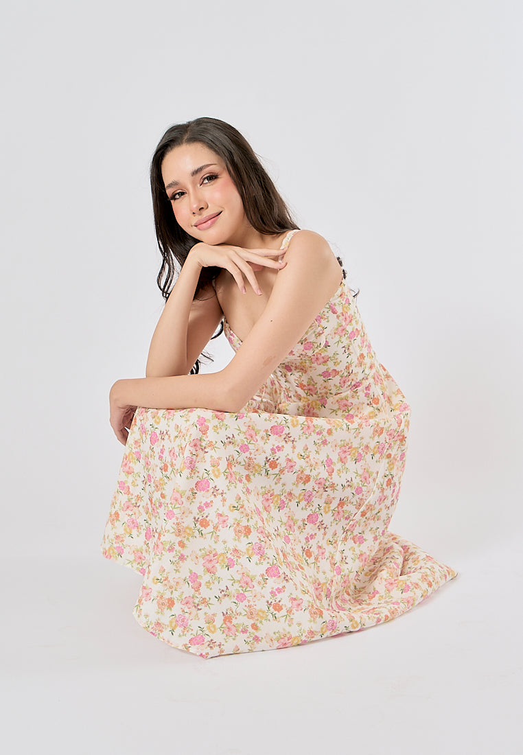 Nigella Multi Color Floral Print Front Lace up Midi Dress