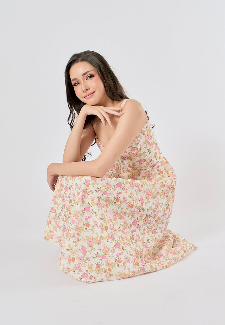 Nigella Multi Color Floral Print Front Lace up Midi Dress