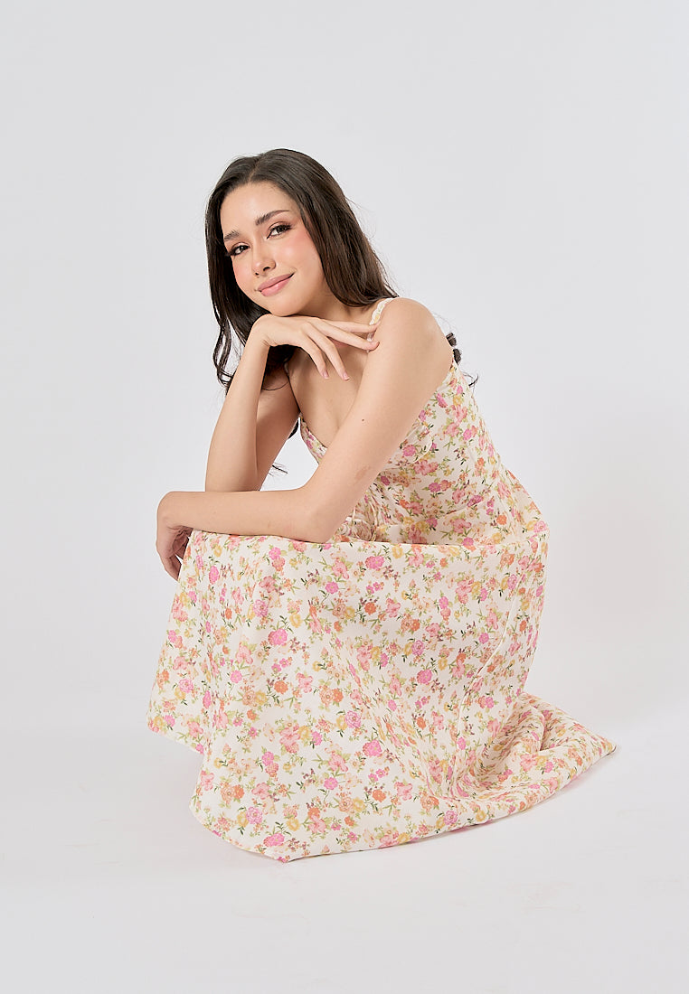 Nigella Multi Color Floral Print Front Lace up Midi Dress