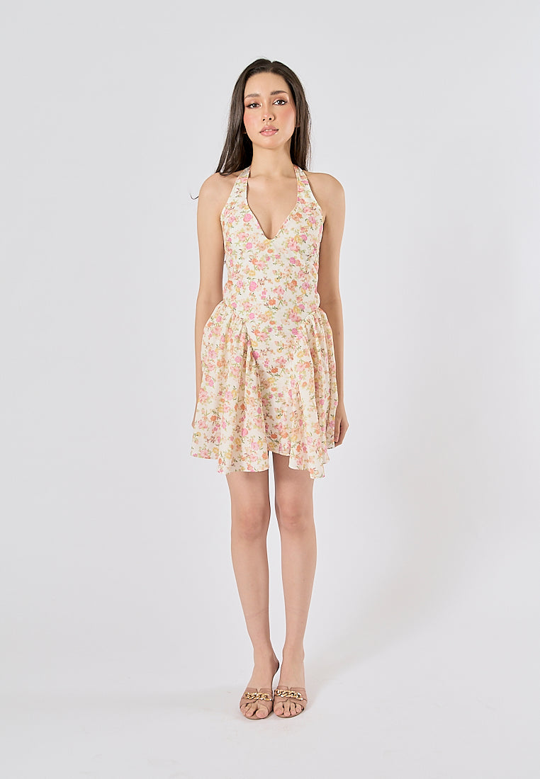 Posie Multi Color Floral Print Back Hollow out Halter Mini Dress