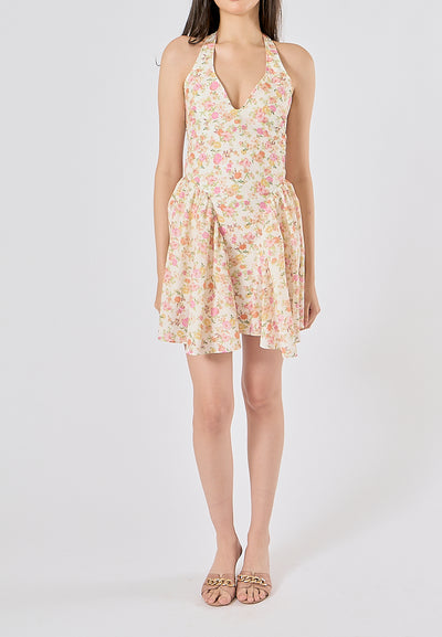 Posie Multi Color Floral Print Back Hollow out Halter Mini Dress