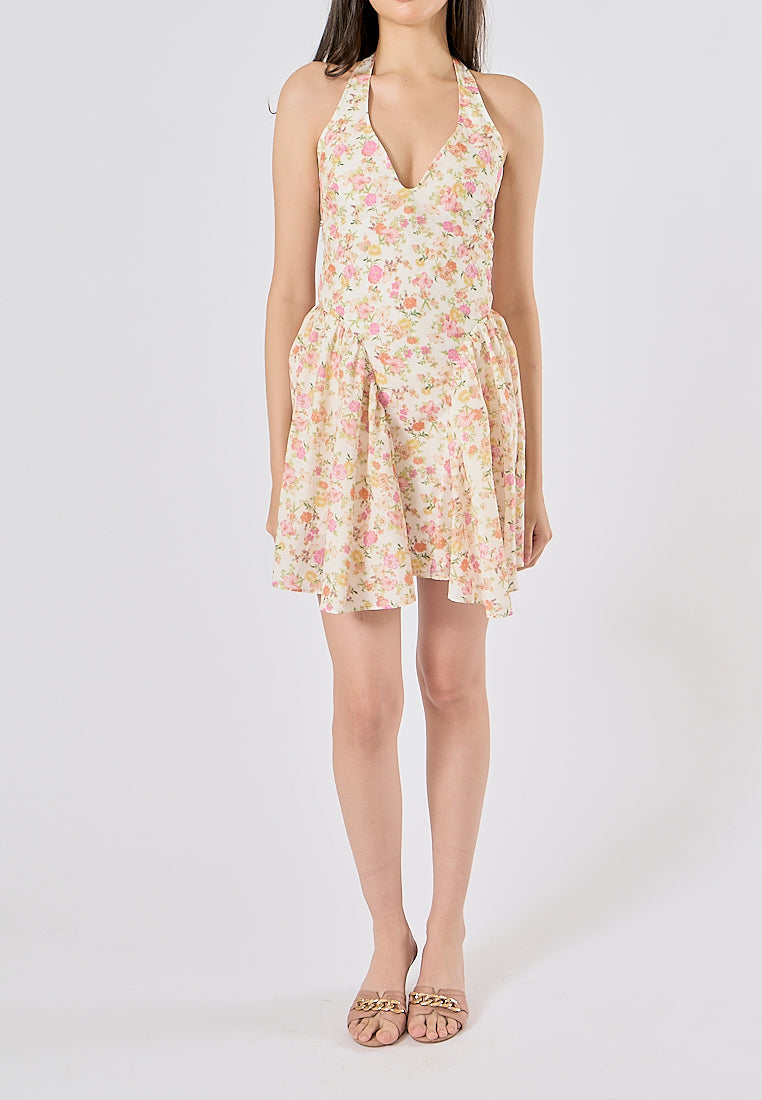 Posie Multi Color Floral Print Back Hollow out Halter Mini Dress