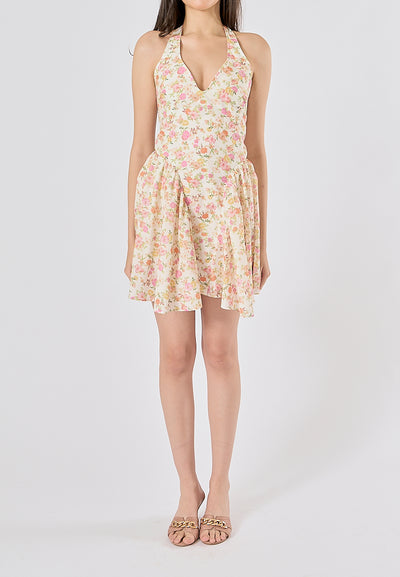 Posie Multi Color Floral Print Back Hollow out Halter Mini Dress