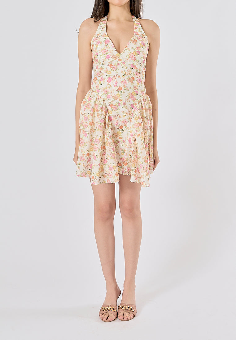 Posie Multi Color Floral Print Back Hollow out Halter Mini Dress