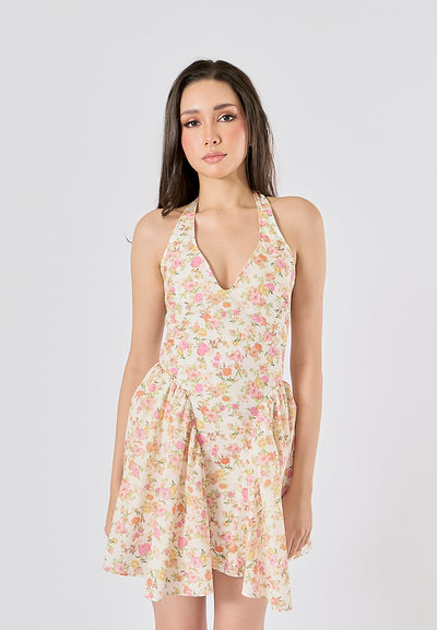 Posie Multi Color Floral Print Back Hollow out Halter Mini Dress