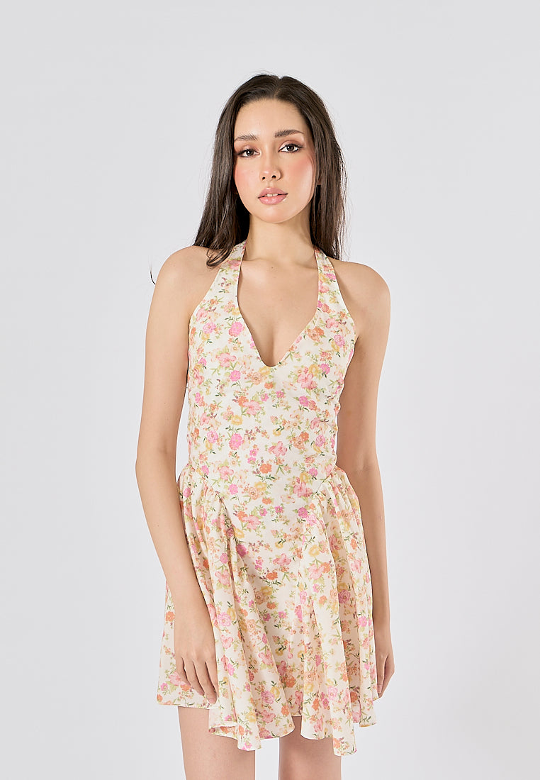 Posie Multi Color Floral Print Back Hollow out Halter Mini Dress