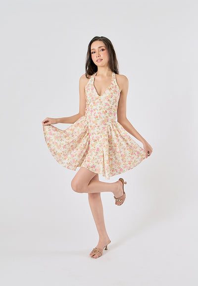 Posie Multi Color Floral Print Back Hollow out Halter Mini Dress