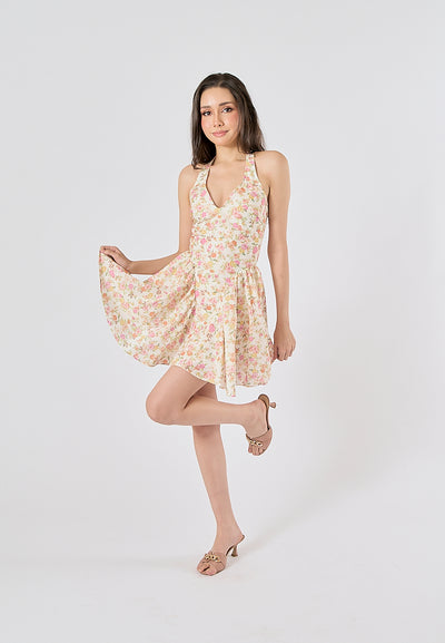Posie Multi Color Floral Print Back Hollow out Halter Mini Dress