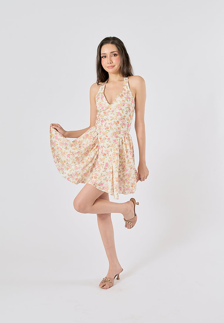 Posie Multi Color Floral Print Back Hollow out Halter Mini Dress