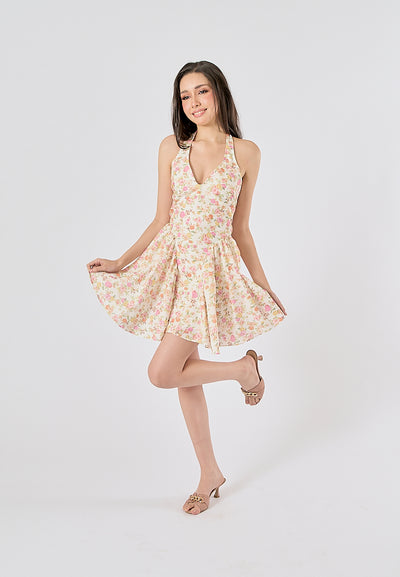 Posie Multi Color Floral Print Back Hollow out Halter Mini Dress