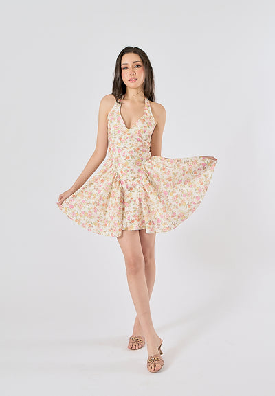 Posie Multi Color Floral Print Back Hollow out Halter Mini Dress