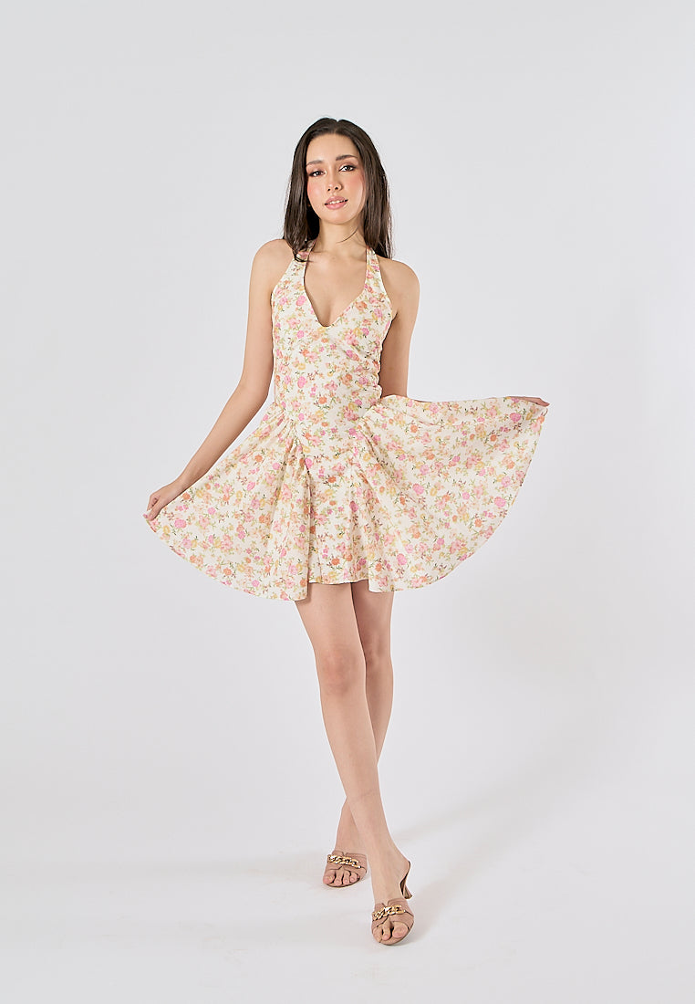 Posie Multi Color Floral Print Back Hollow out Halter Mini Dress