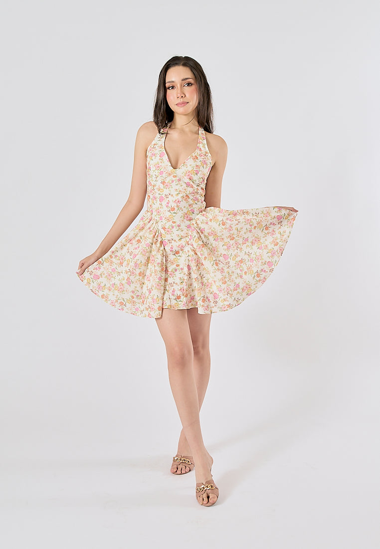 Posie Multi Color Floral Print Back Hollow out Halter Mini Dress