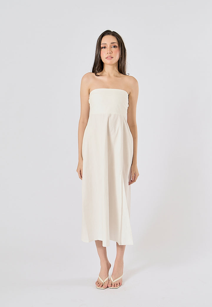 Omnia White Front Slit Smocked Back Midi Tube Dress