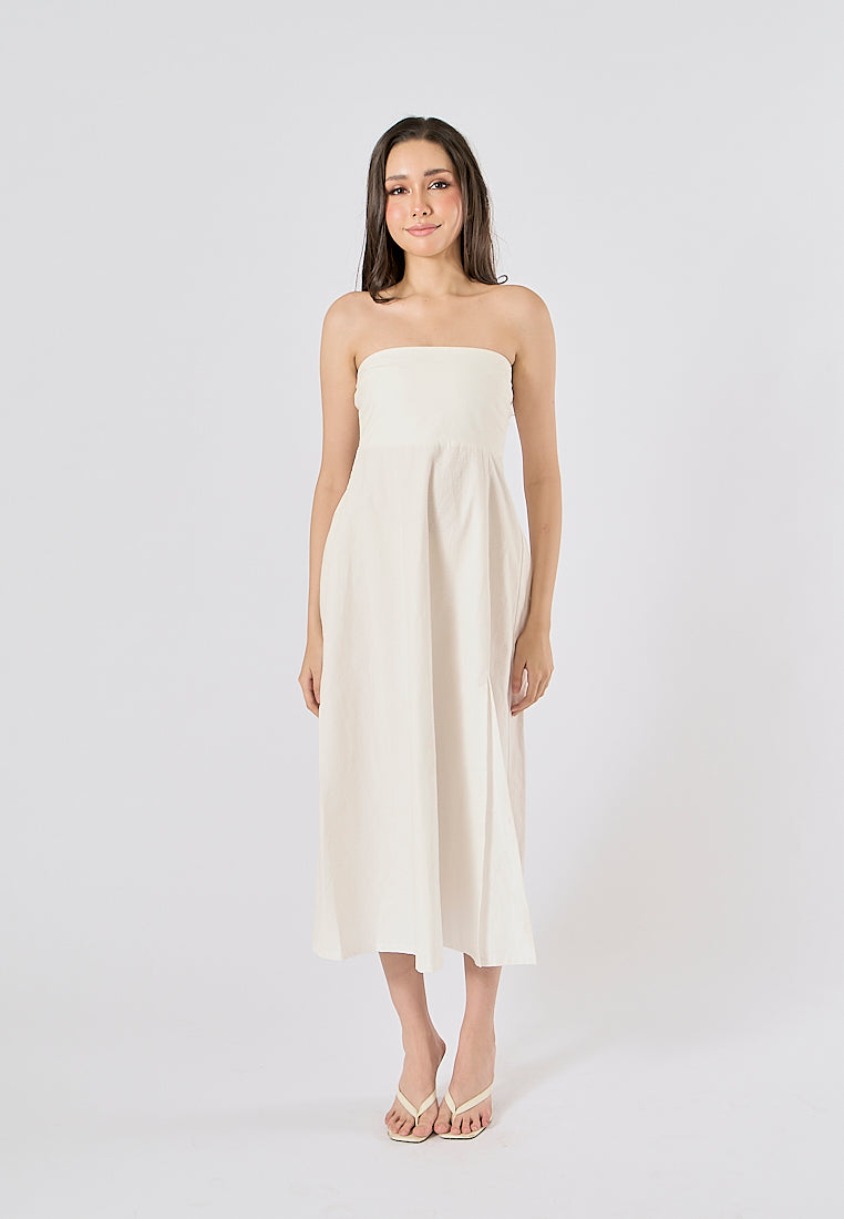 Omnia White Front Slit Smocked Back Midi Tube Dress