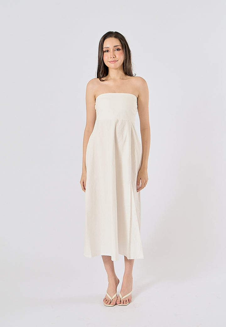 Omnia White Front Slit Smocked Back Midi Tube Dress