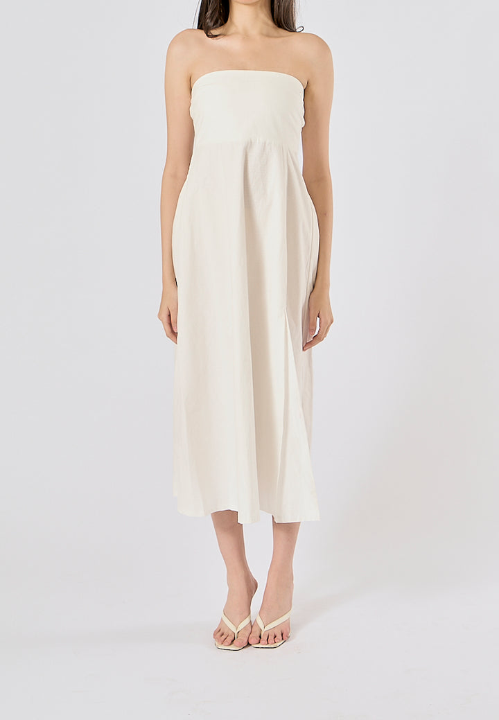 Omnia White Front Slit Smocked Back Midi Tube Dress