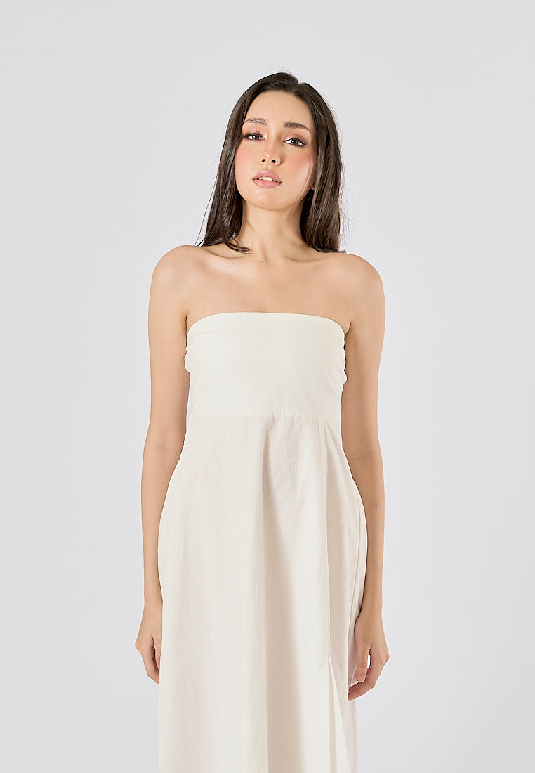 Omnia White Front Slit Smocked Back Midi Tube Dress