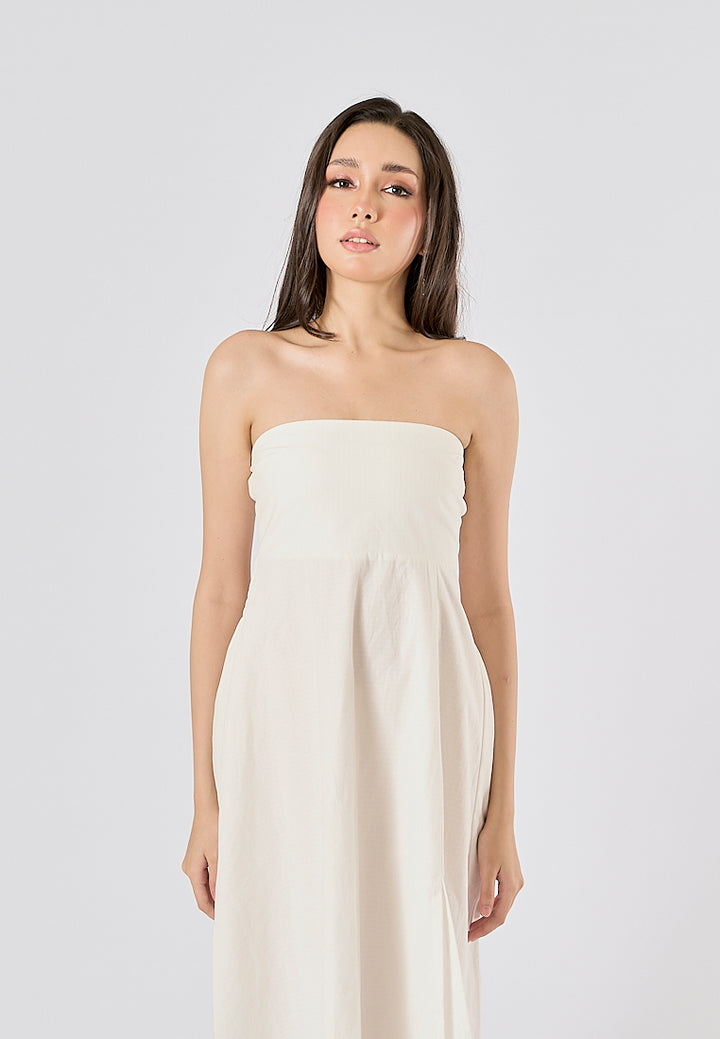 Omnia White Front Slit Smocked Back Midi Tube Dress