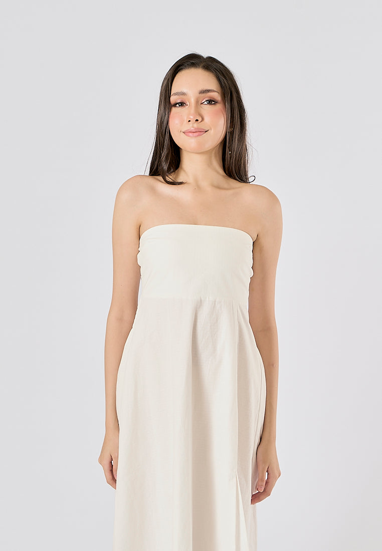 Omnia White Front Slit Smocked Back Midi Tube Dress