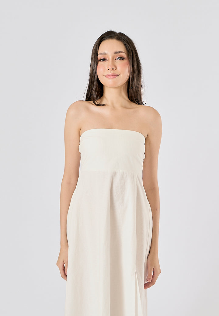 Omnia White Front Slit Smocked Back Midi Tube Dress
