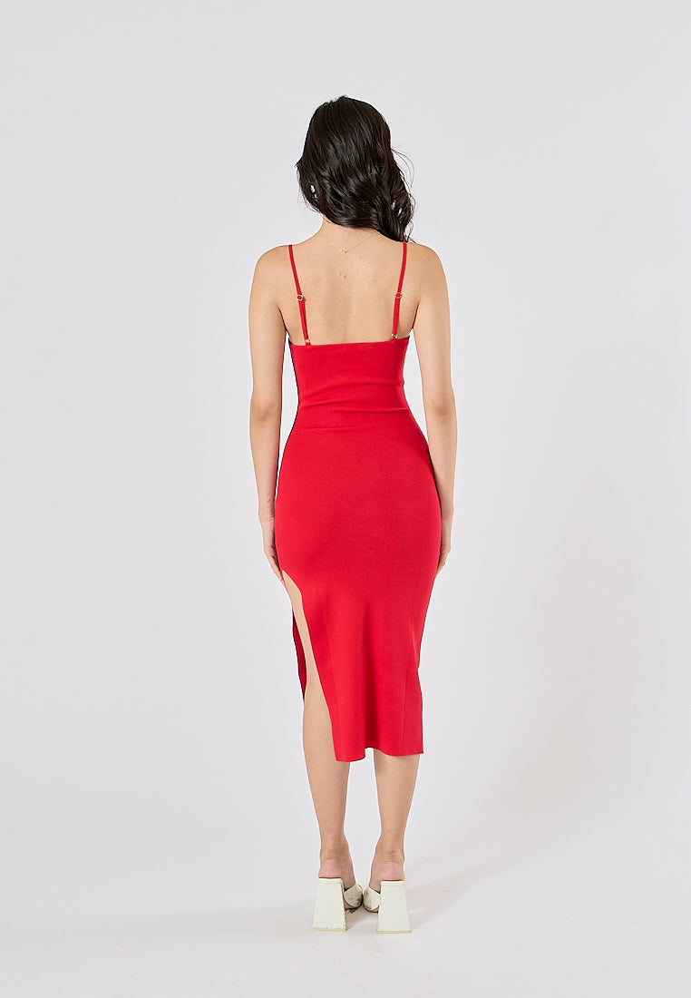 Oretha Red Thin Strap Knit Long Dress