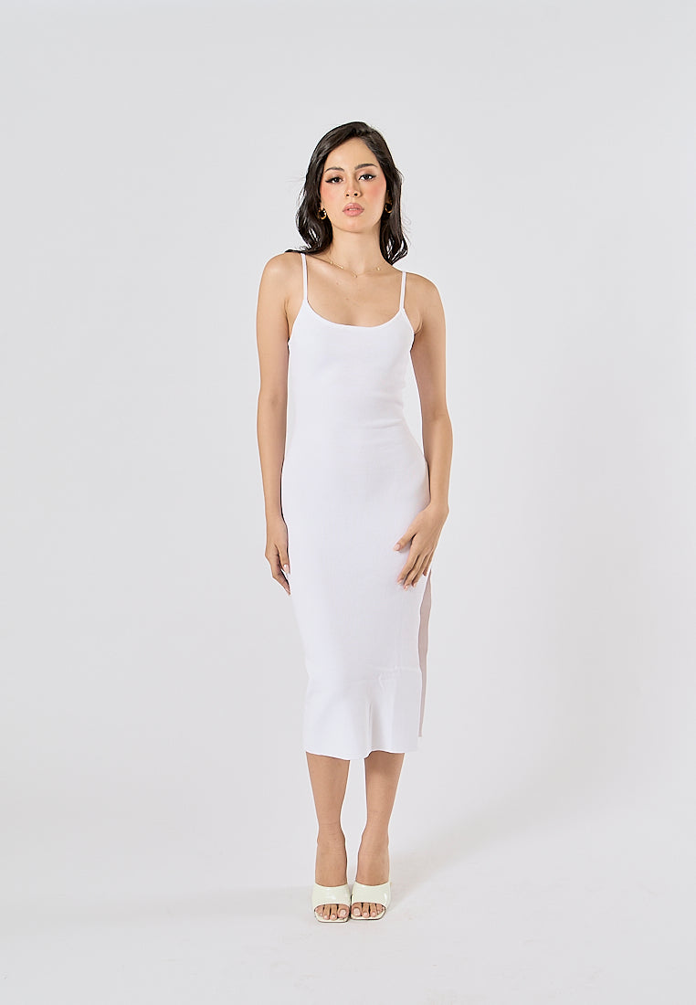 Oretha White Thin Strap Knit Long Dress