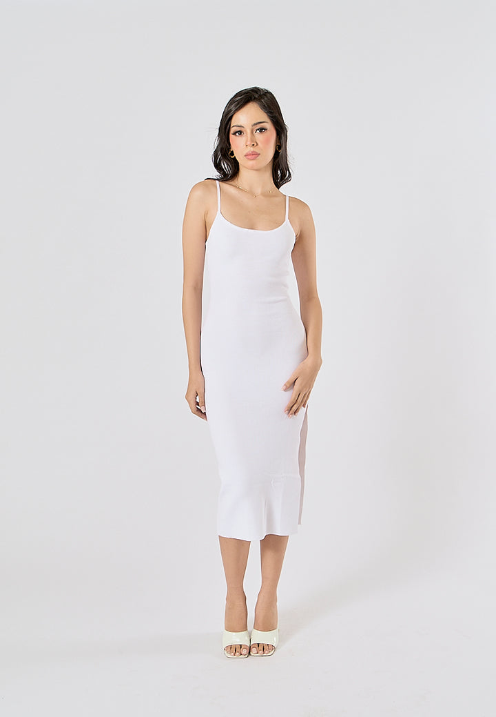 Oretha White Thin Strap Knit Long Dress