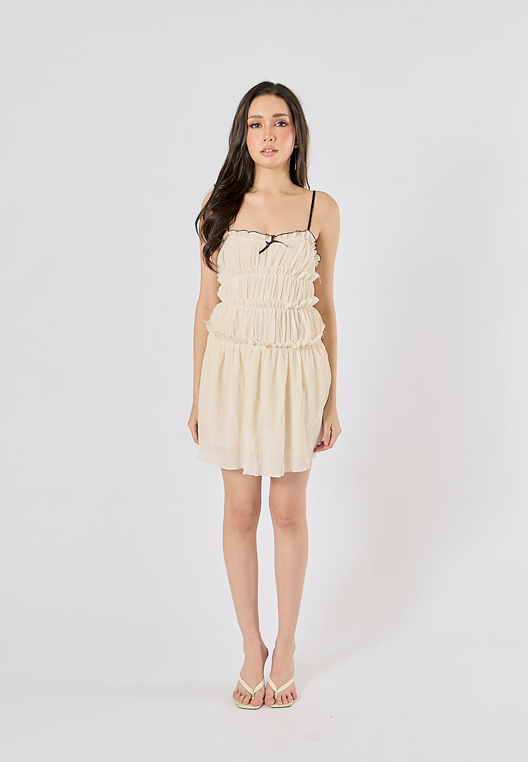 Zandra Beige Smocked Pleated  Mini Dress