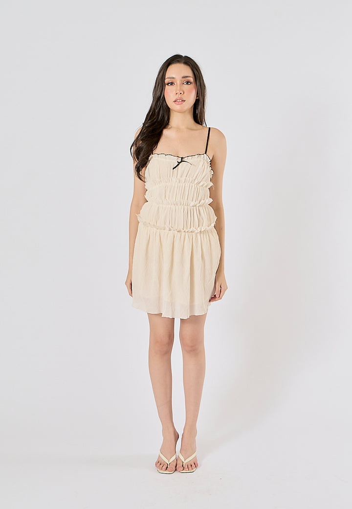 Zandra Beige Smocked Pleated  Mini Dress