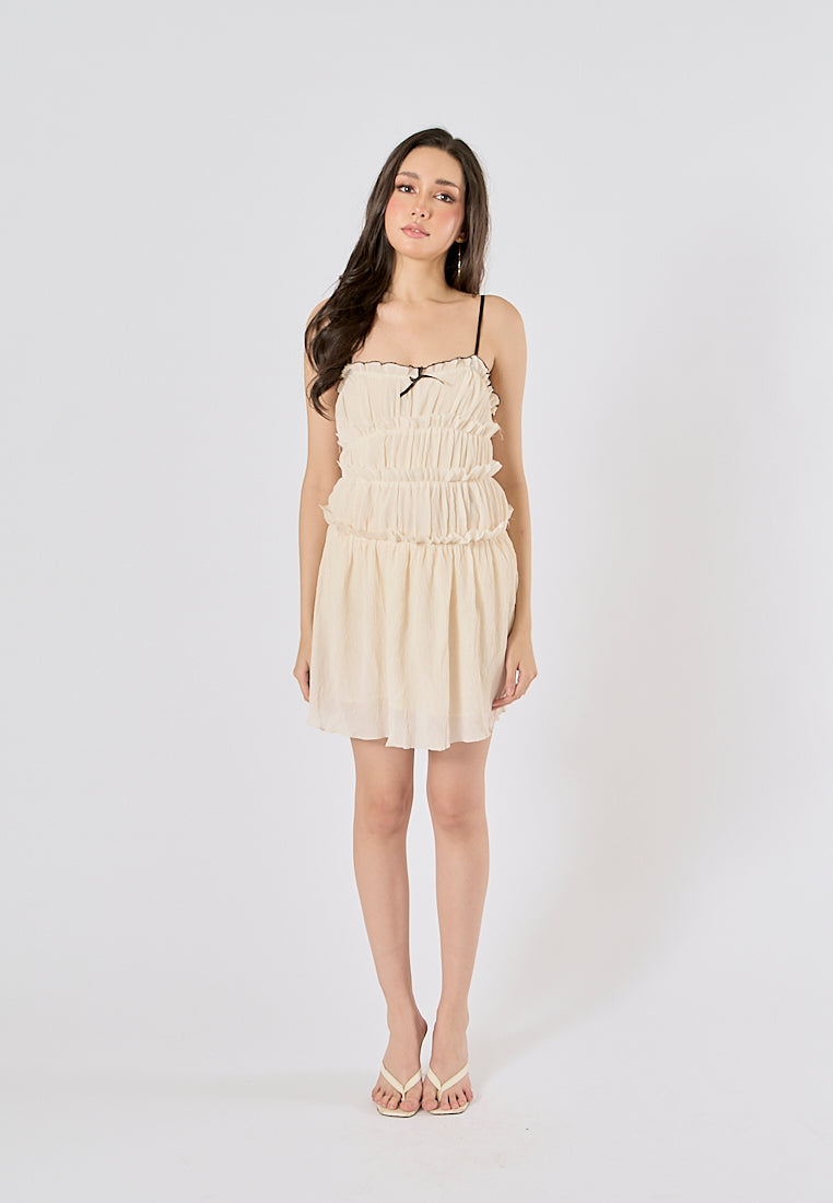 Zandra Beige Smocked Pleated  Mini Dress