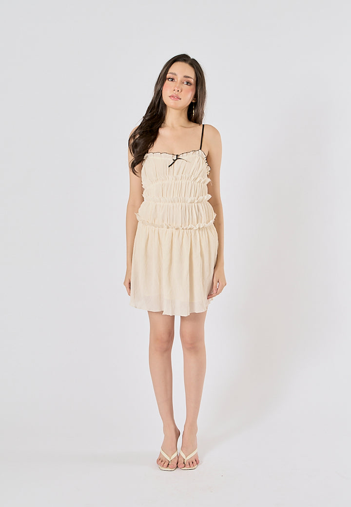 Zandra Beige Smocked Pleated  Mini Dress