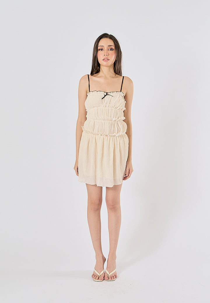 Zandra Beige Smocked Pleated  Mini Dress