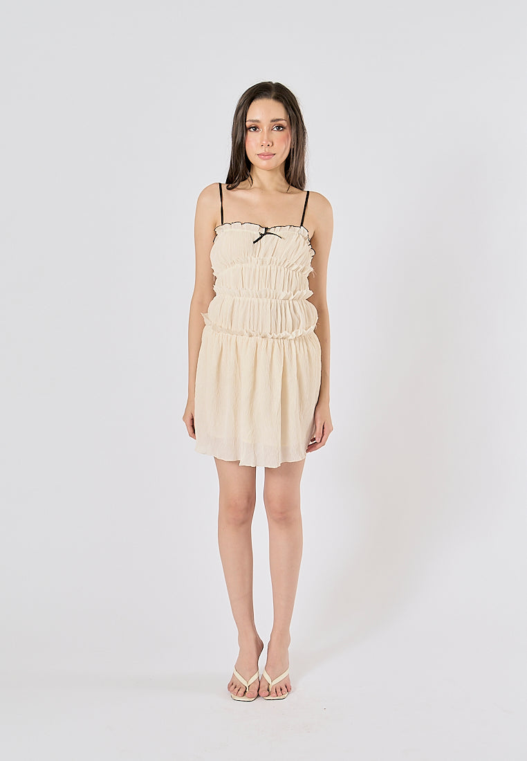 Zandra Beige Smocked Pleated  Mini Dress