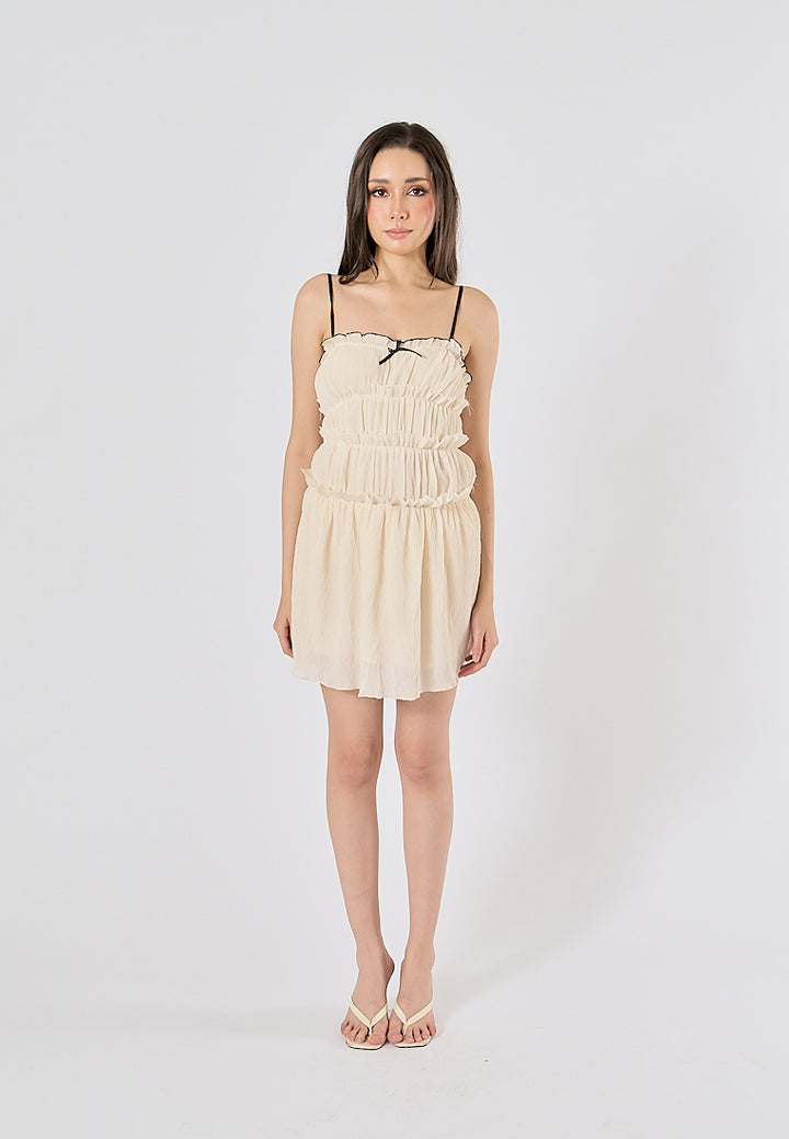 Zandra Beige Smocked Pleated  Mini Dress