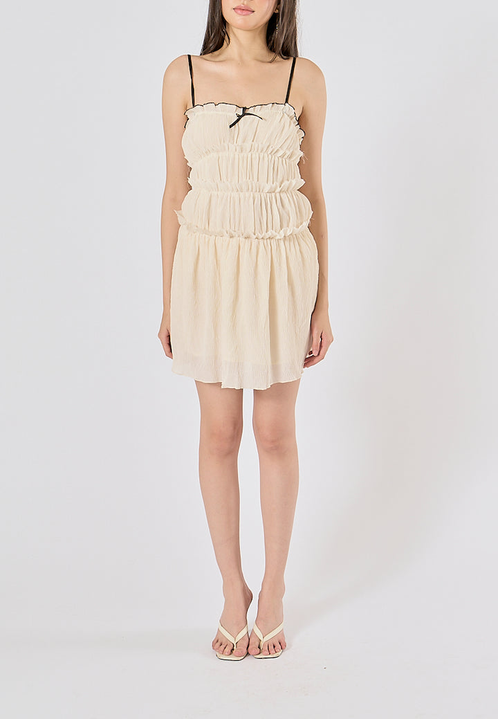 Zandra Beige Smocked Pleated  Mini Dress