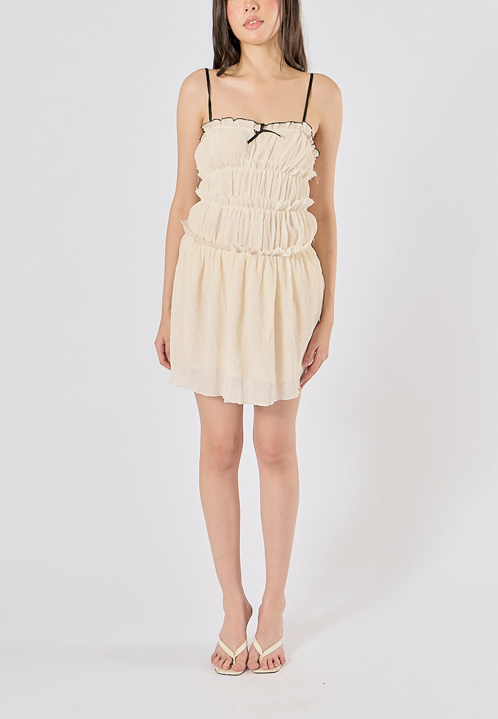 Zandra Beige Smocked Pleated  Mini Dress