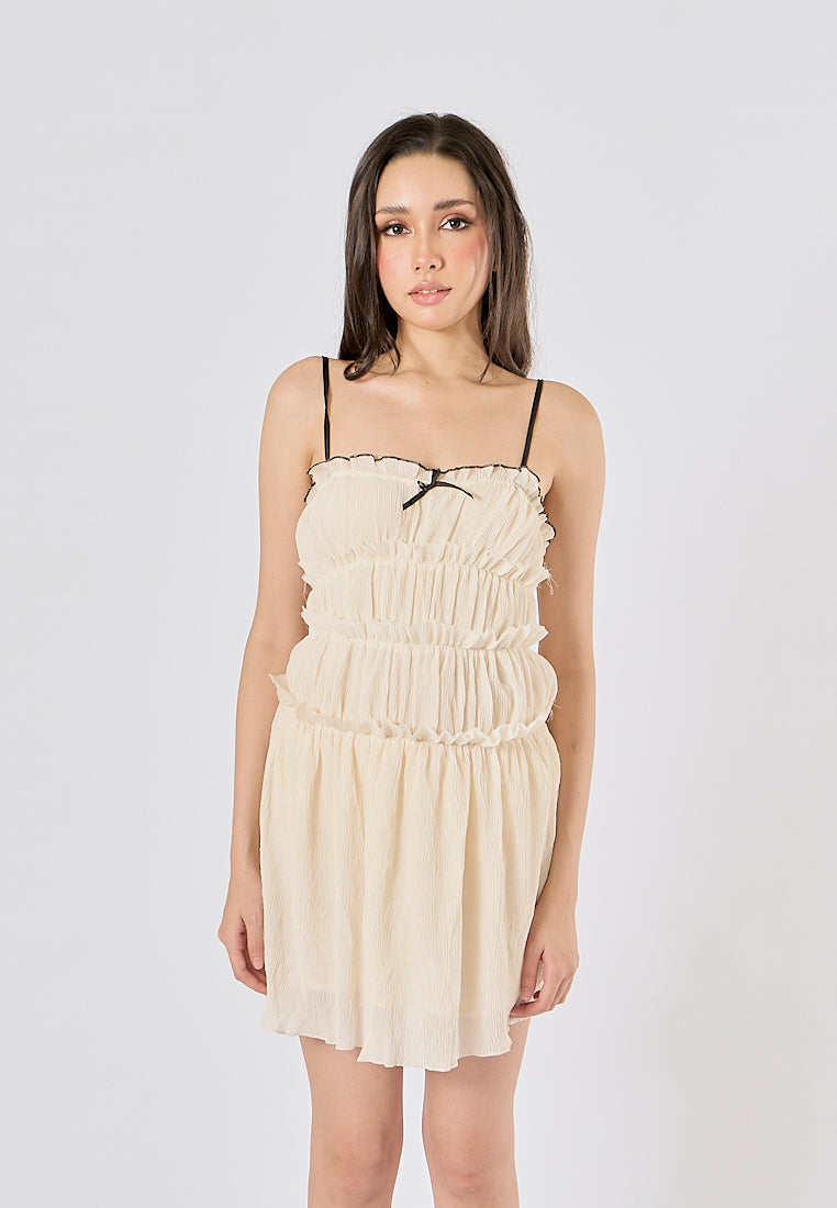 Zandra Beige Smocked Pleated  Mini Dress