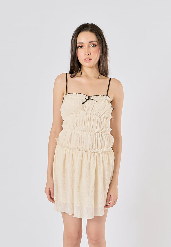 Zandra Beige Smocked Pleated  Mini Dress