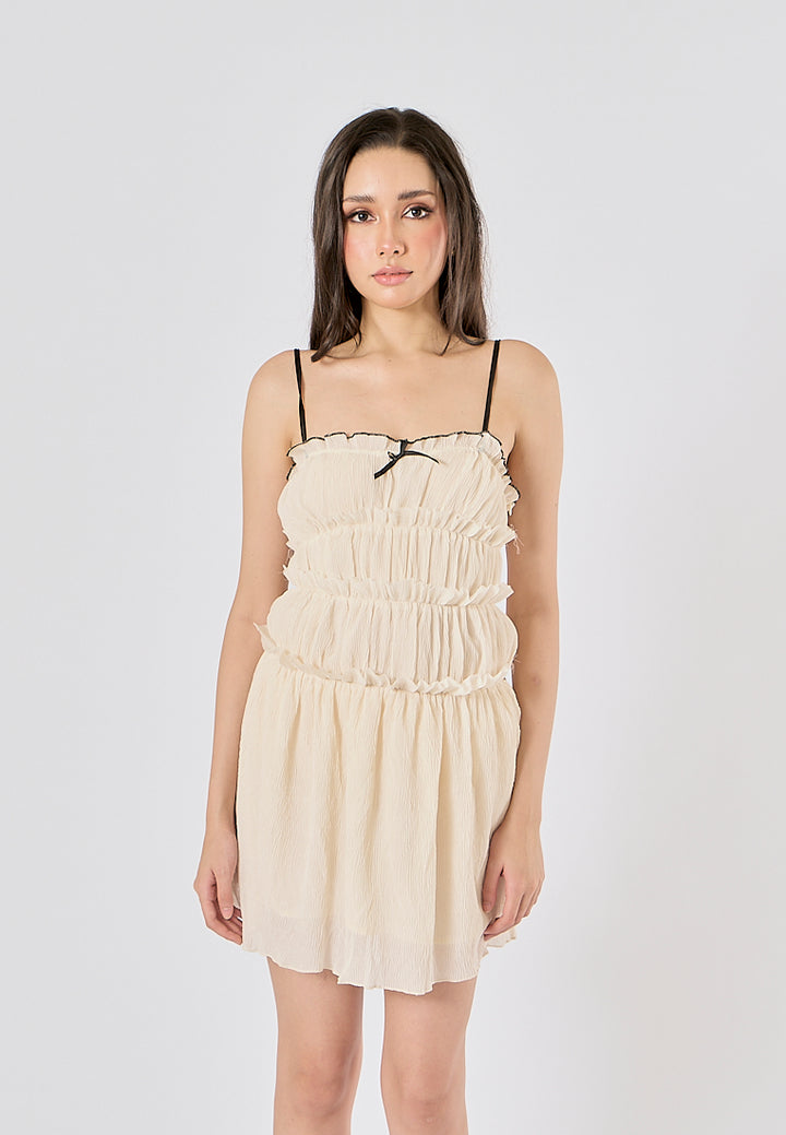 Zandra Beige Smocked Pleated  Mini Dress