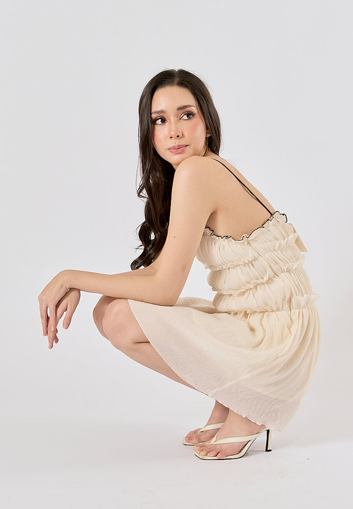 Zandra Beige Smocked Pleated  Mini Dress