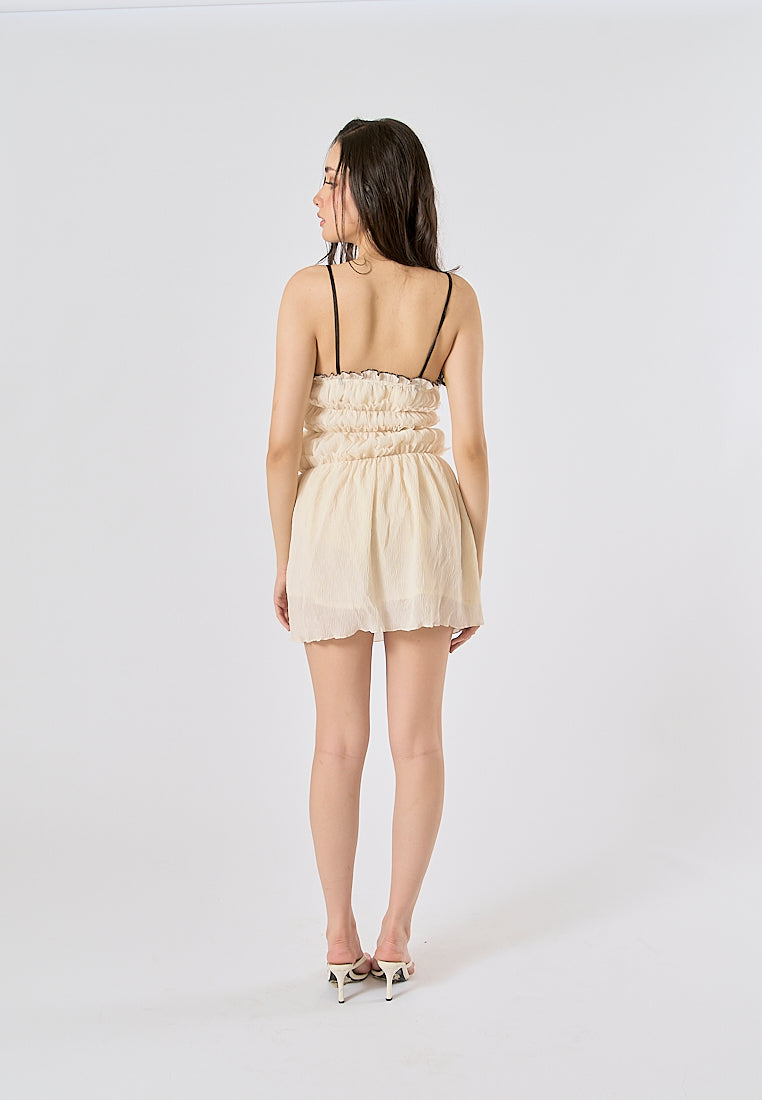 Zandra Beige Smocked Pleated  Mini Dress