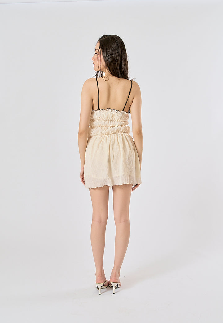 Zandra Beige Smocked Pleated  Mini Dress