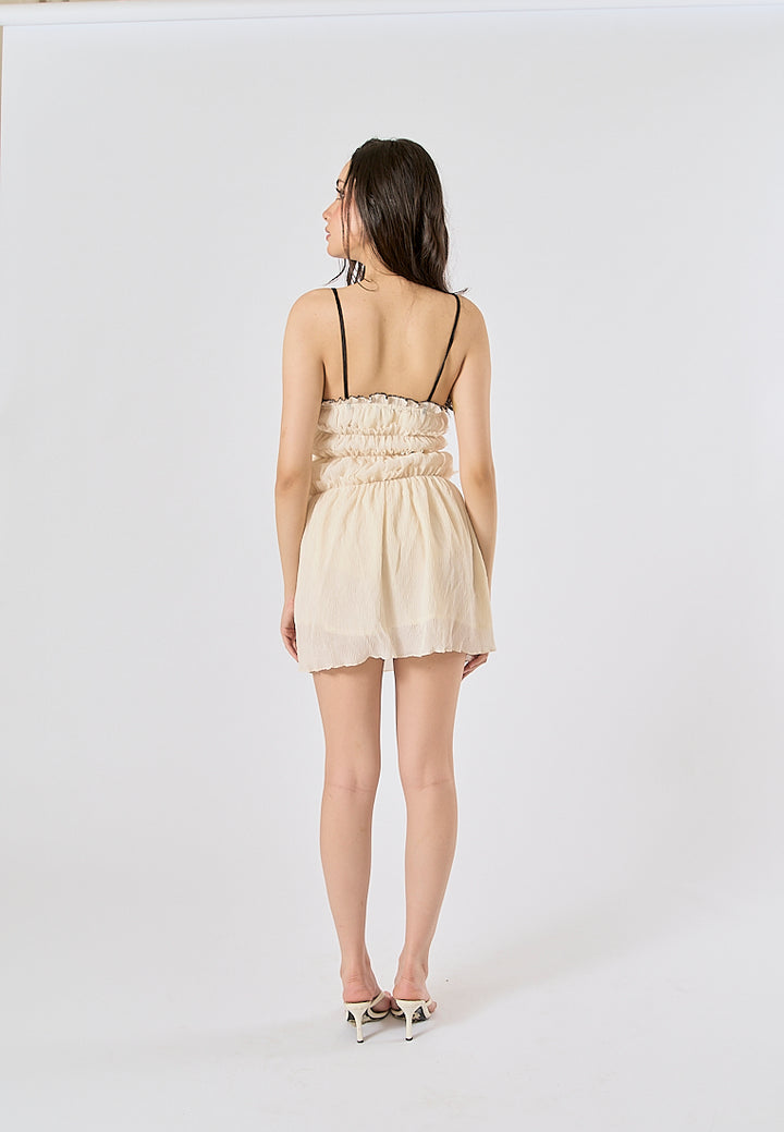 Zandra Beige Smocked Pleated  Mini Dress