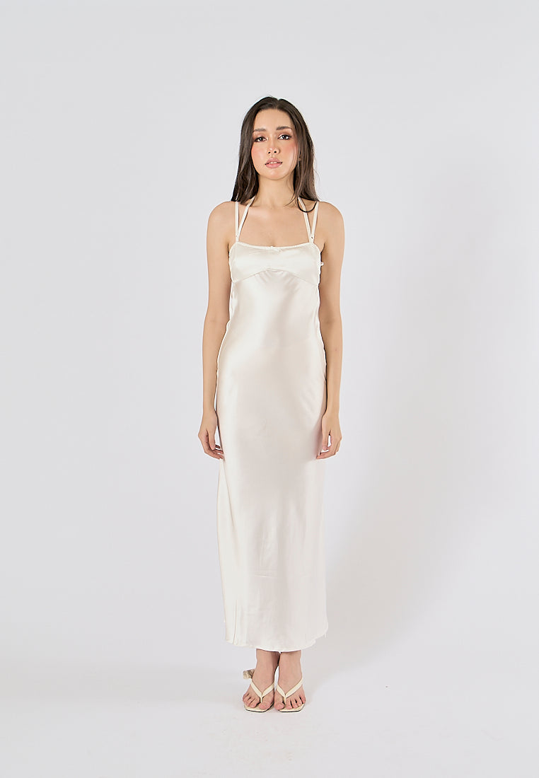 Bristley Beige Back Hollow Out  Silky Midi Dress