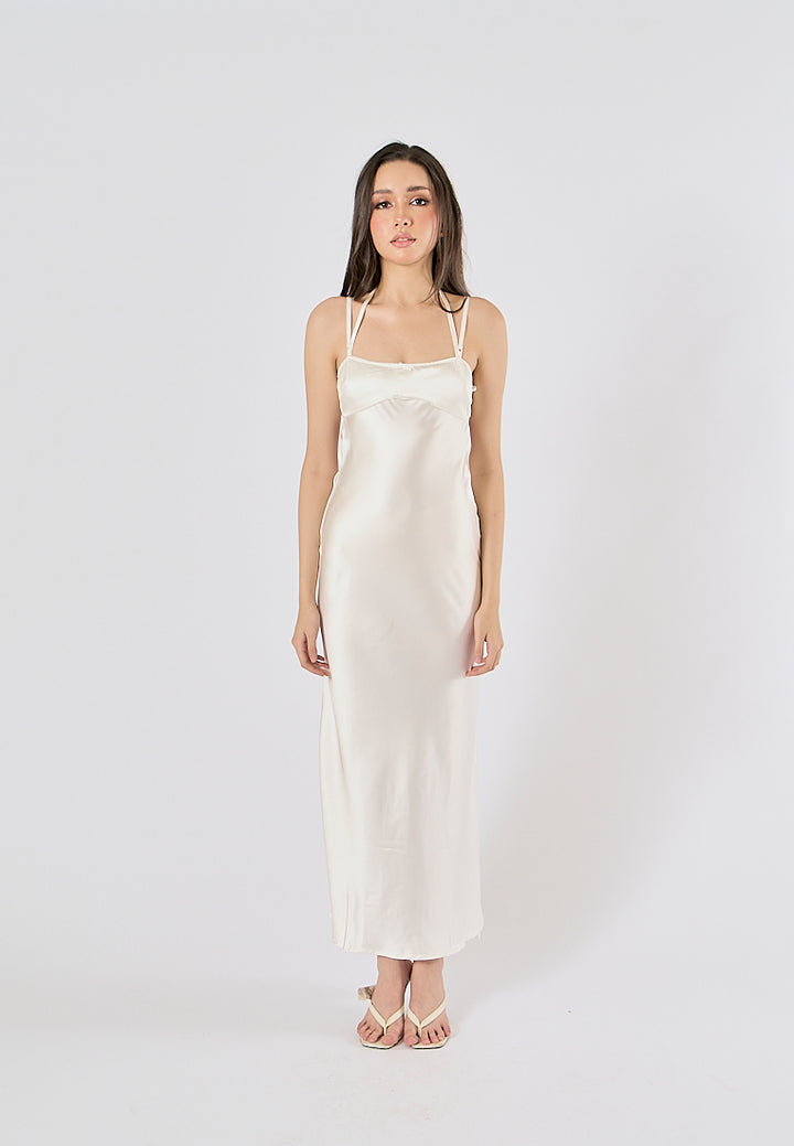 Bristley Beige Back Hollow Out  Silky Midi Dress
